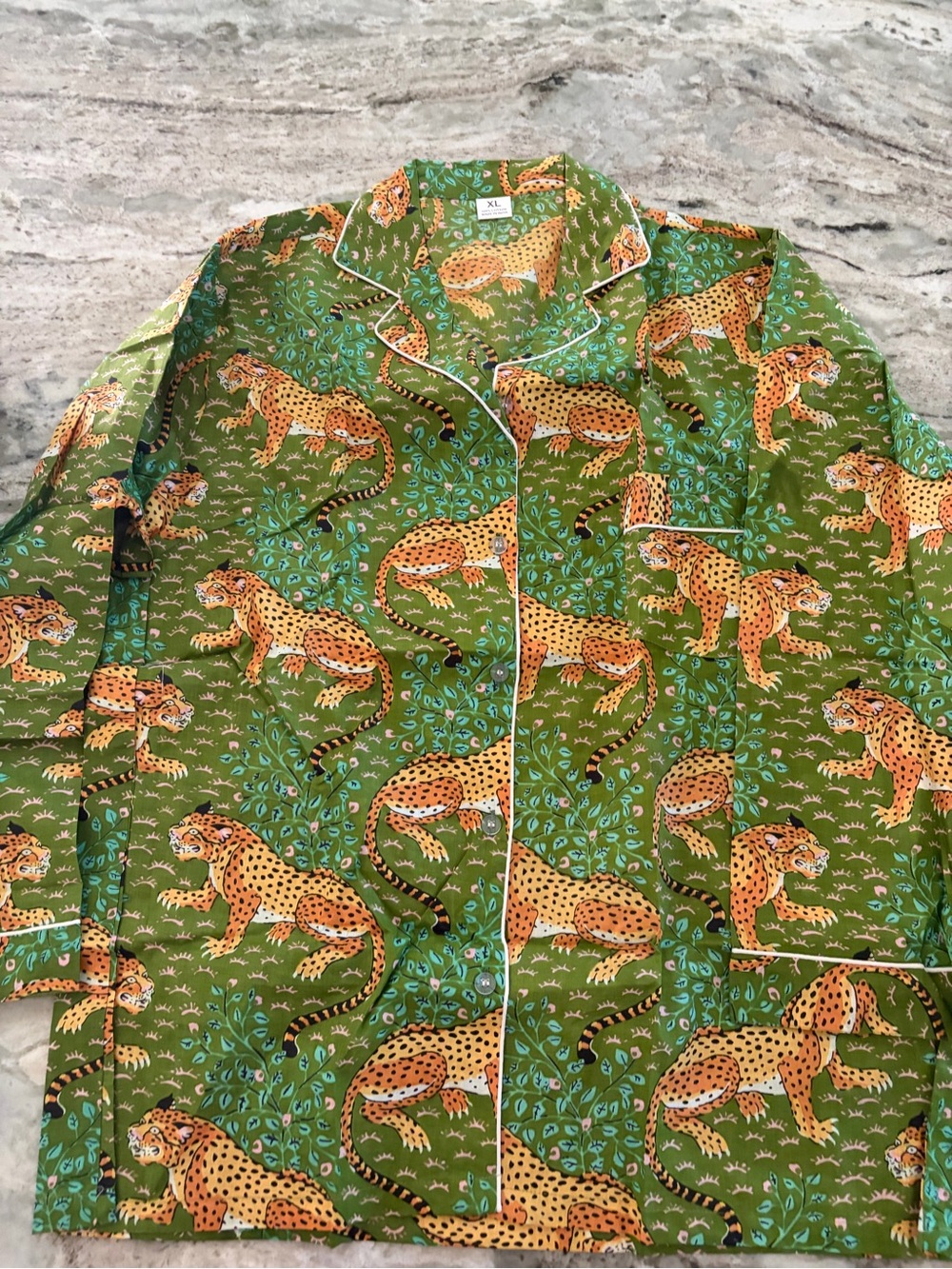 Green Leopard Print Button-Down Pajama Top 100% Cotton